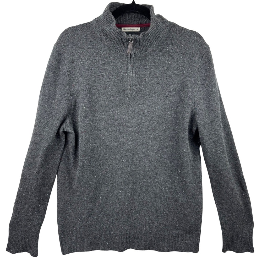 Marine Layer Quarter Zip Sweater Mens Medium Grey Merino Wool Donegal Fleck